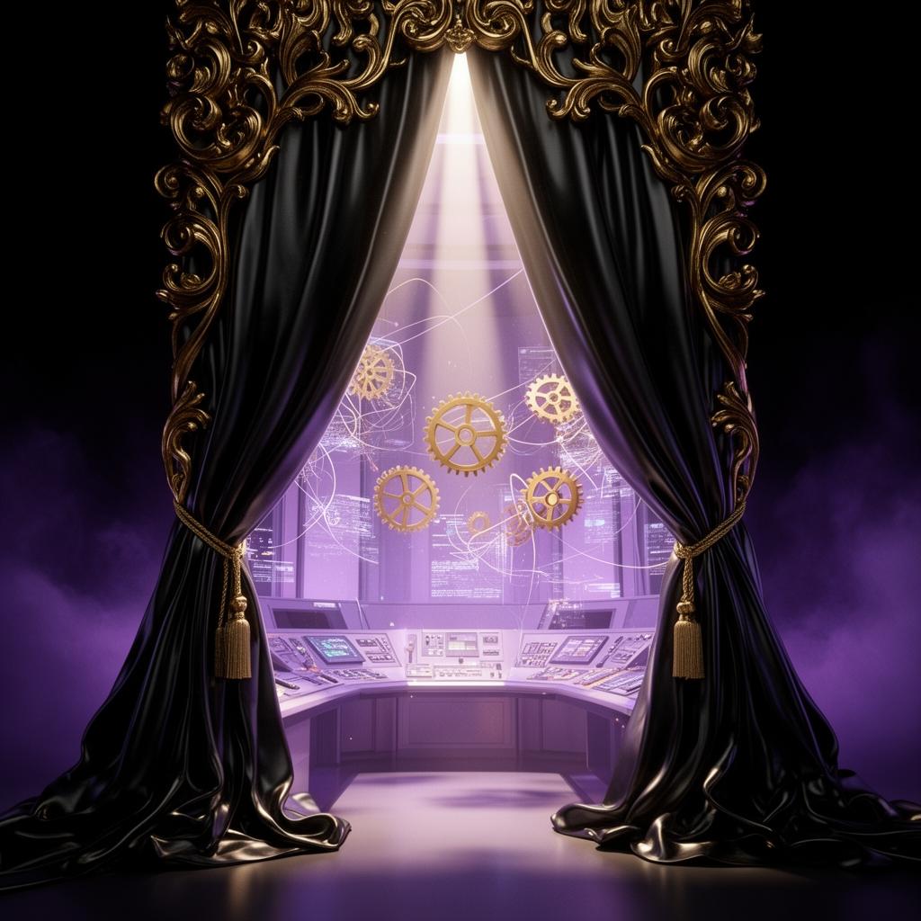 Ornate gold-framed obsidian curtain parting to reveal a glowing lavender control room with floating gears