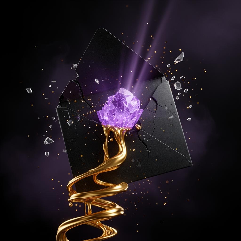 Obsidian envelope cracked open with a violet crystal core and molten gold spiraling outward