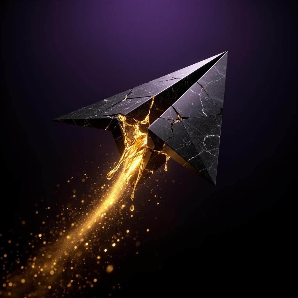 Obsidian paper plane with molten gold streaming from its core like a comet tail
