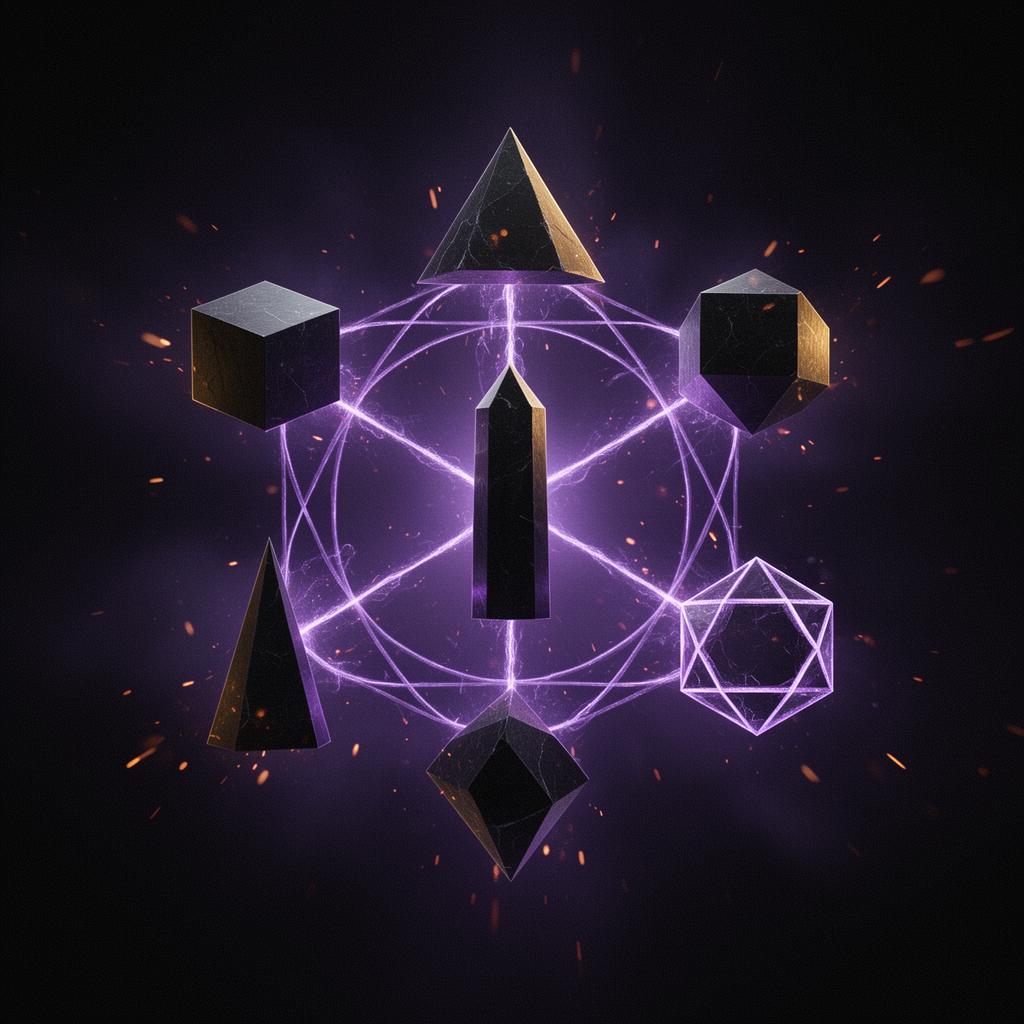 Six obsidian crystalline monoliths in hexagonal constellation, bound by glowing violet sacred geometry