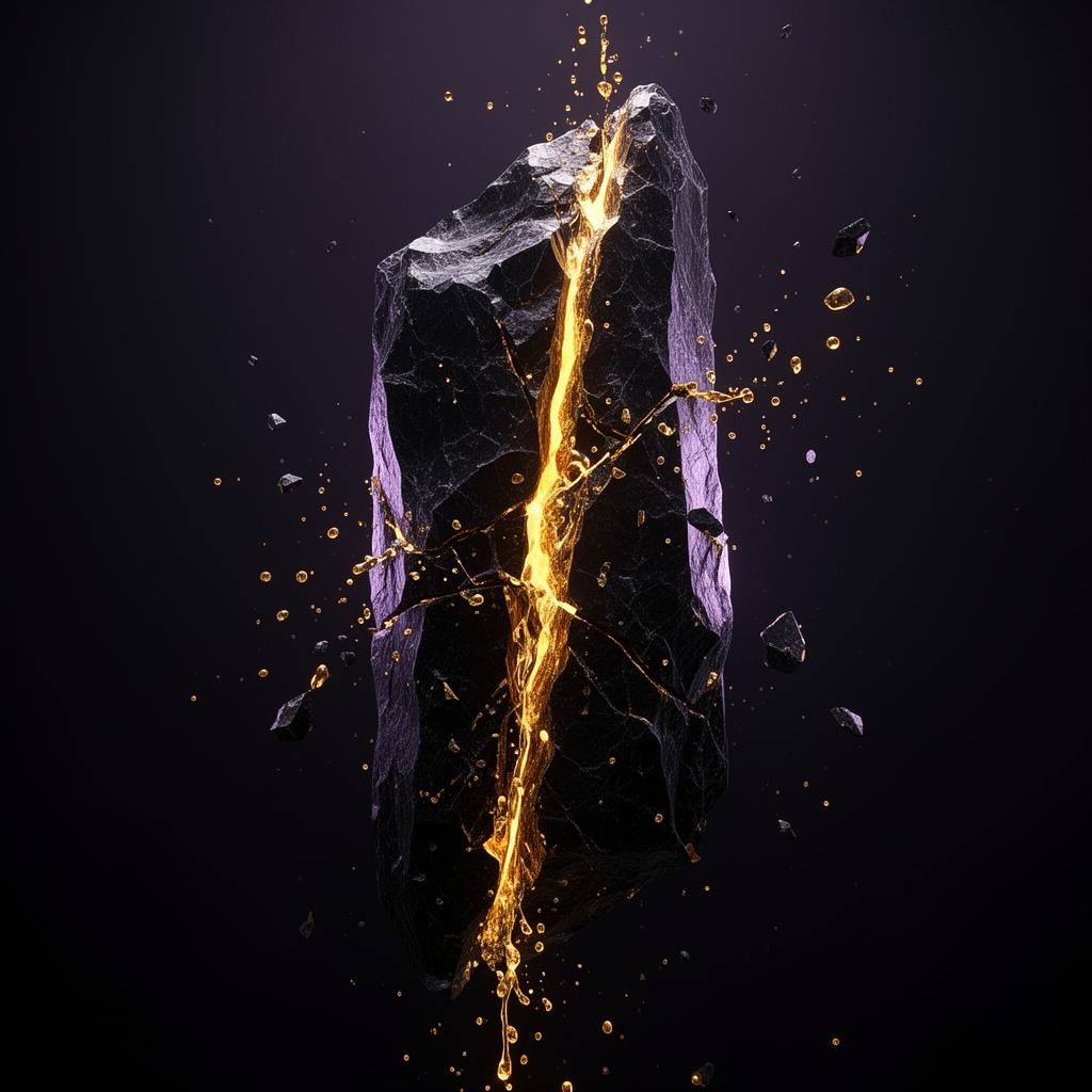 Fractured obsidian monolith pouring molten gold into the void