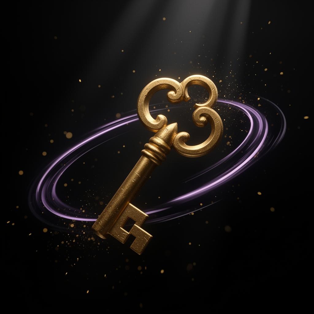 Floating sculptural gold key encircled by lavender light rings