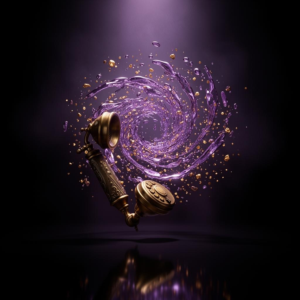 Antique brass telephone receiver shattering into a vortex of violet mercury droplets and gold embers