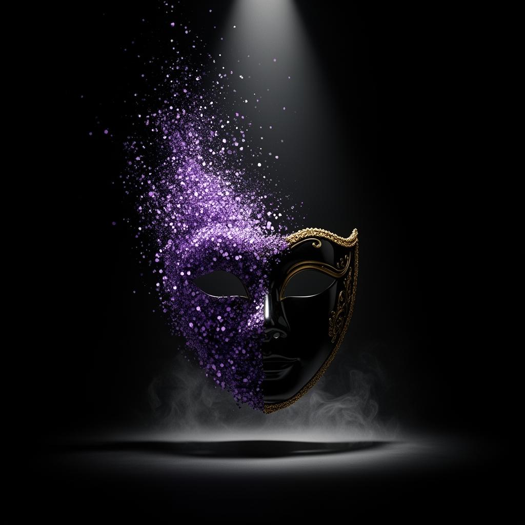 Obsidian masquerade mask half-dissolving into violet light particles under a single spotlight